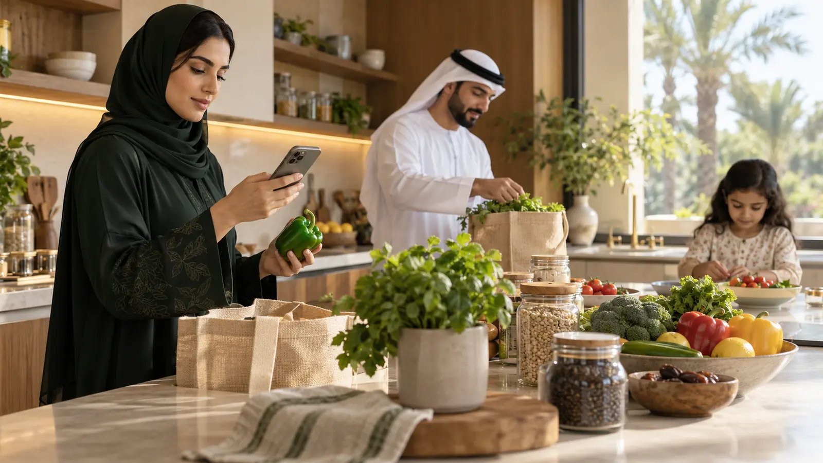 An illustrative UAE household organizing groceries together while using a phone as part of the Groceria concept