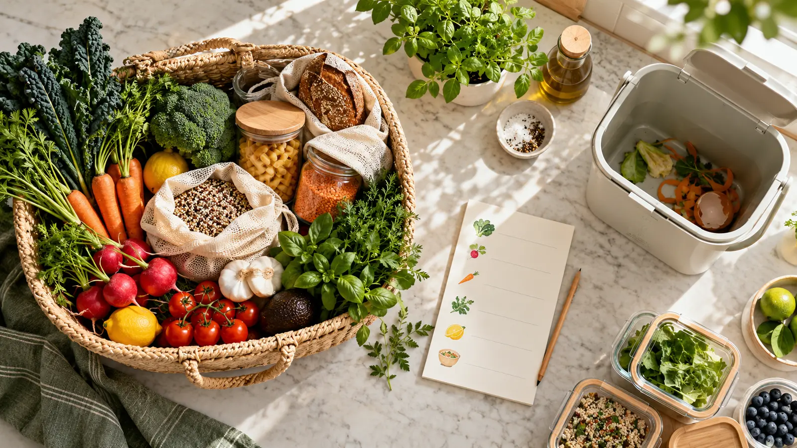 An illustrative planned grocery basket beside reusable storage and a nearly empty food-waste caddy