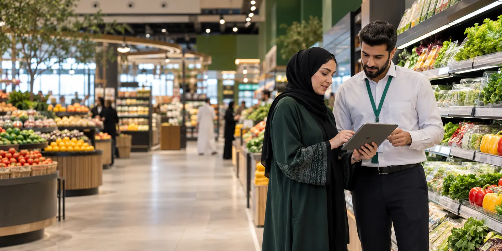 An illustrative GCC grocery team reviewing inventory and availability together in a modern store