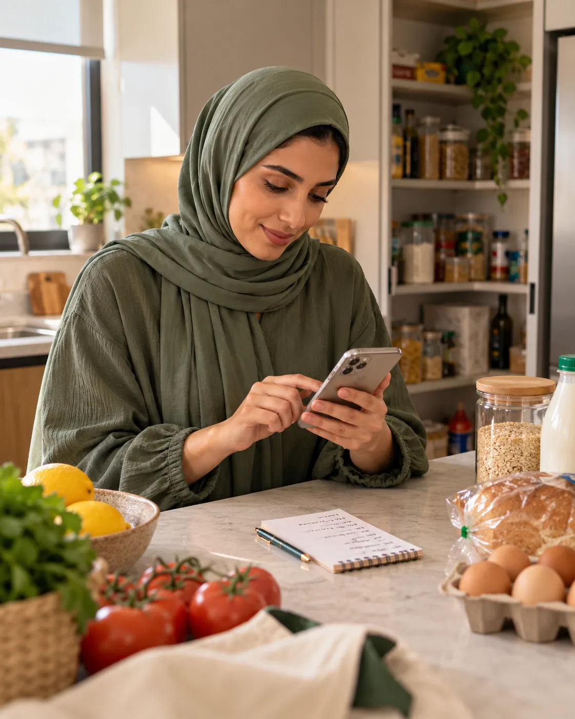 Illustrative household grocery planning with a phone and a list